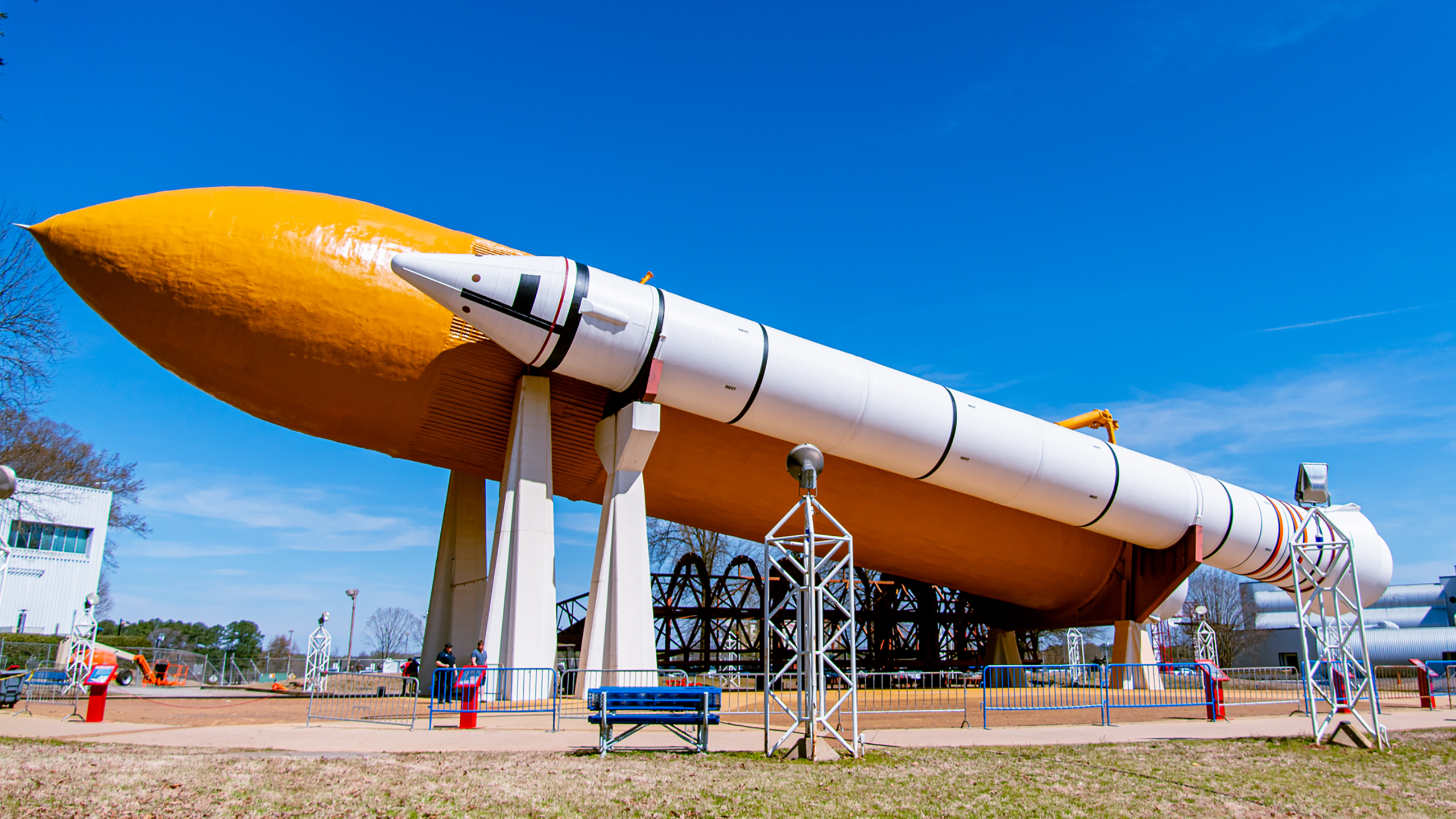 Space Shuttle Pathfinder is almost back. The solid rocket boosters and external tank have been restored with new paint.