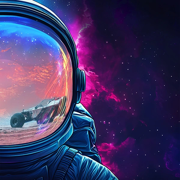 HERC logo of a vehicle reflected in an astronaut helmet